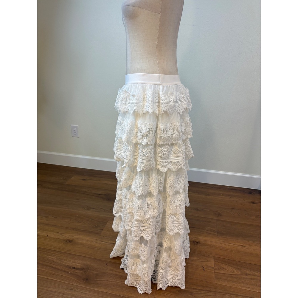 AllSaints Lizi Maxi Skirt Womens 8 White Tiered Lace Mesh Boho Ethereal Coquette - Picture 4 of 7